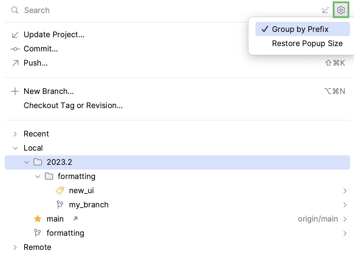 Group by Prefix option in the Branches popup Group by Prefix option in the Branches popup