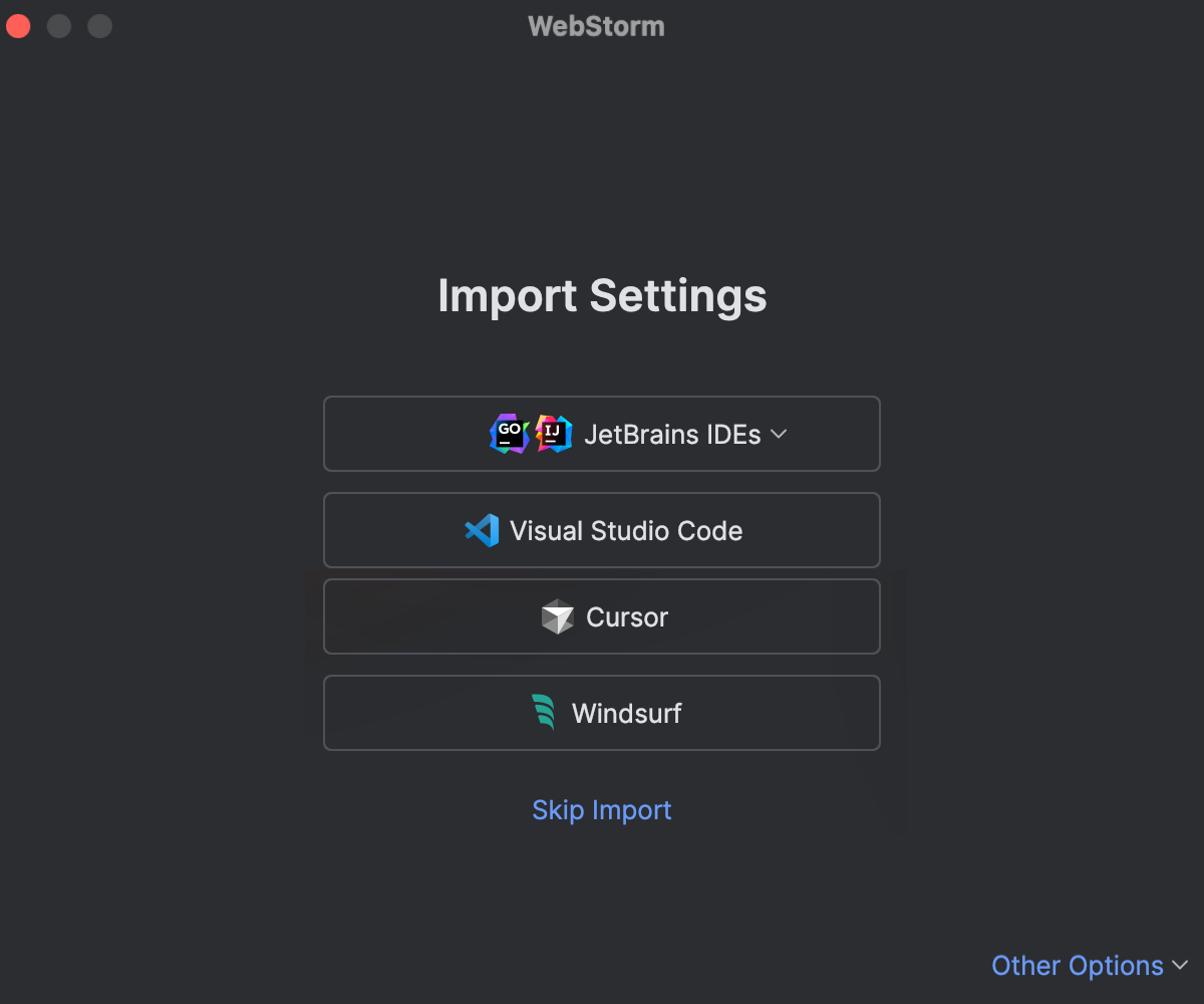 The Import Settings dialog with the cursor on the Visual Studio Code button