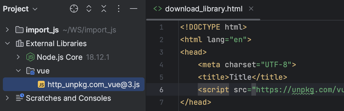 Downloaded CDN library is shown under the External Libraries node