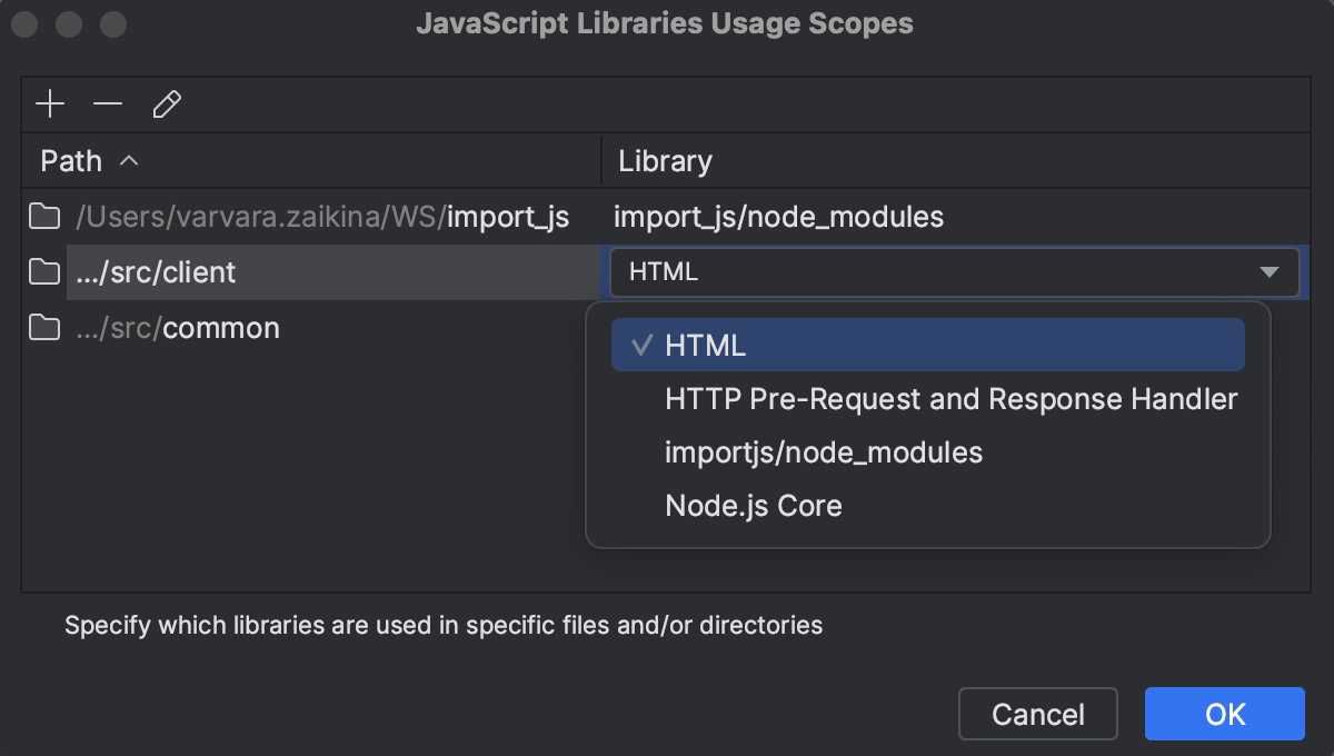 Specify scope: HTML library selected