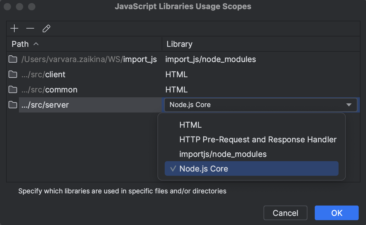 Specify scope: Node.js Core library selected
