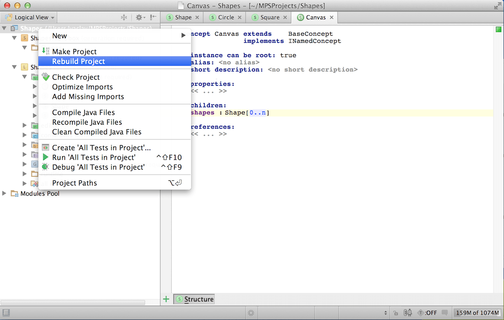 Rebuild project menu item Rebuild project menu item