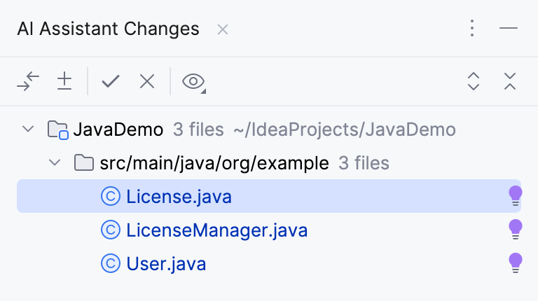 AI Assistant Changes toolbar AI Assistant Changes toolbar