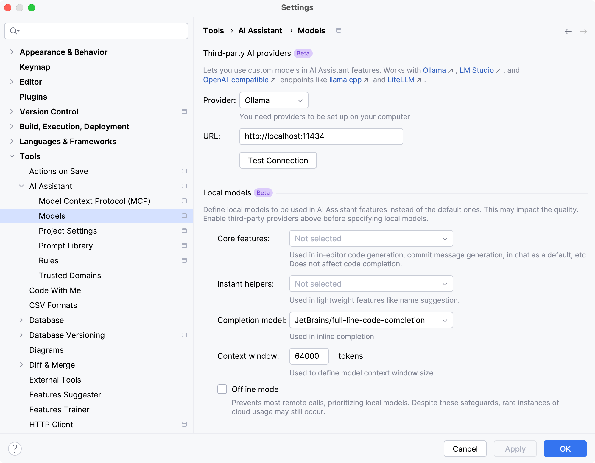 AI Assistant models settings AI Assistant models settings