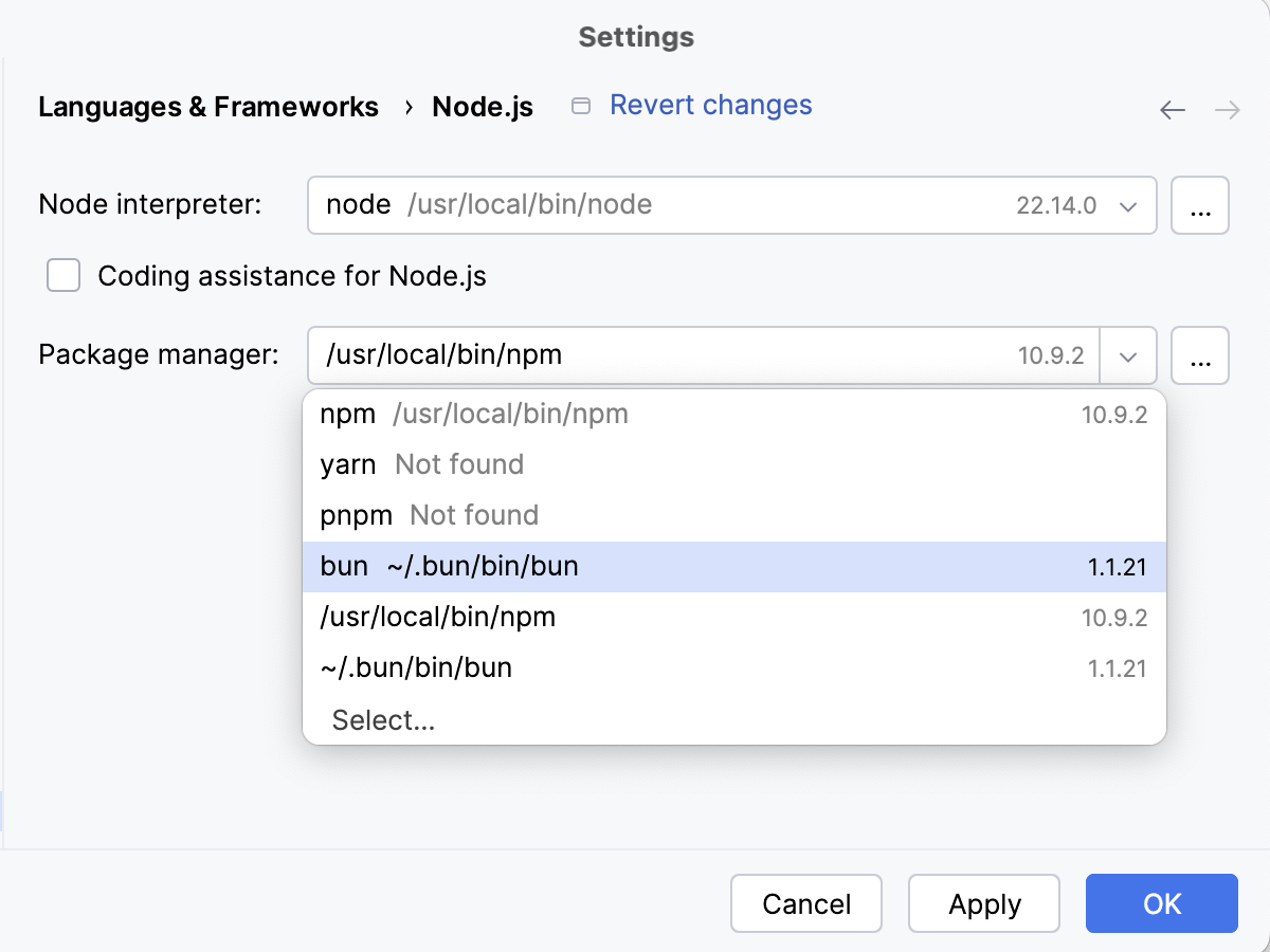 Select Bun as project package manager