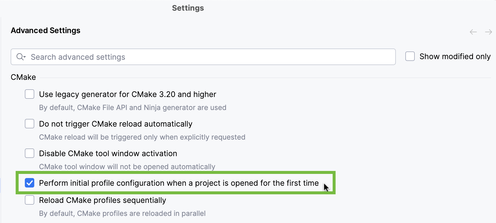 Initial CMake profile configuration setting
