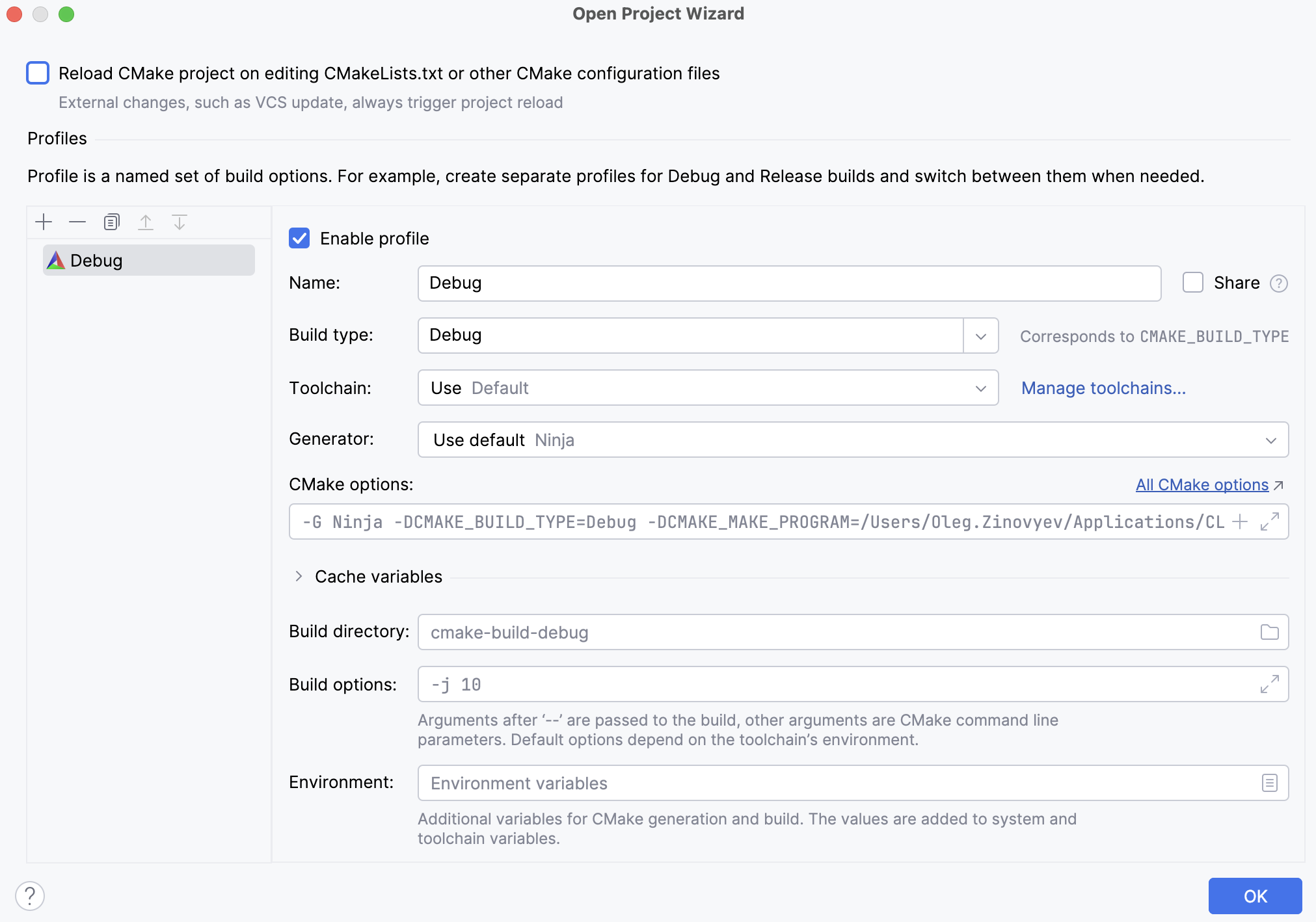 Default CMake profile settings
