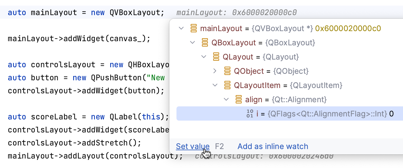 Inline hint menu Inline hint menu