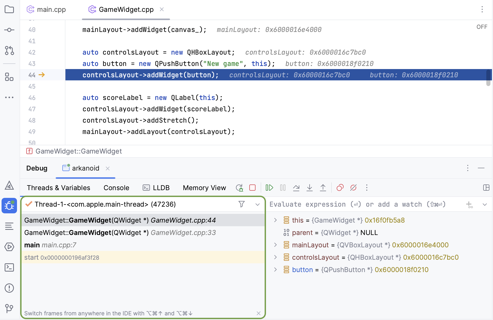 Frames tab of the Debug tool window Frames tab of the Debug tool window