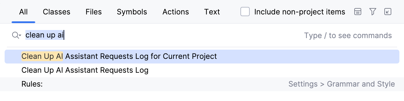 Action in Search Everywhere for cleaning up AI Assistant requests log Action in Search Everywhere for cleaning up AI Assistant requests log