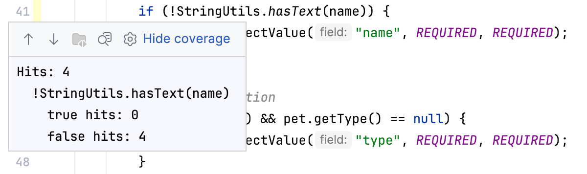 エディターに表示されるカバレッジ統計 Coverage statistics shown in the editor