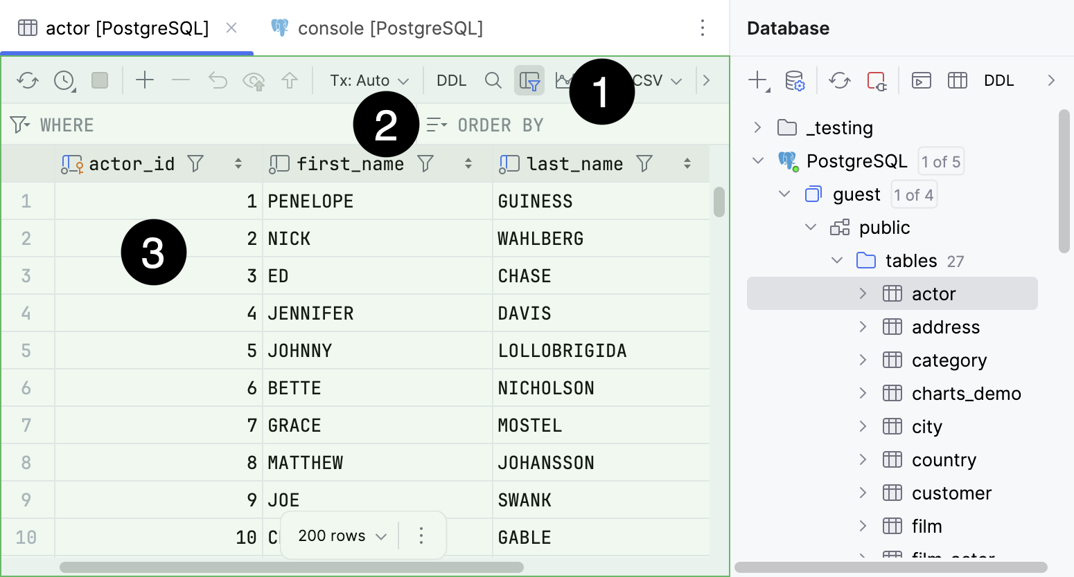 データエディター内のデータベースオブジェクトデータ Database object data in data editor