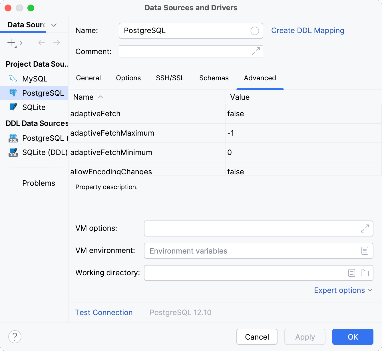 Data Source and Drivers dialog: Advanced tab of Data Sources settings Data Source and Drivers dialog: Advanced tab of Data Sources settings