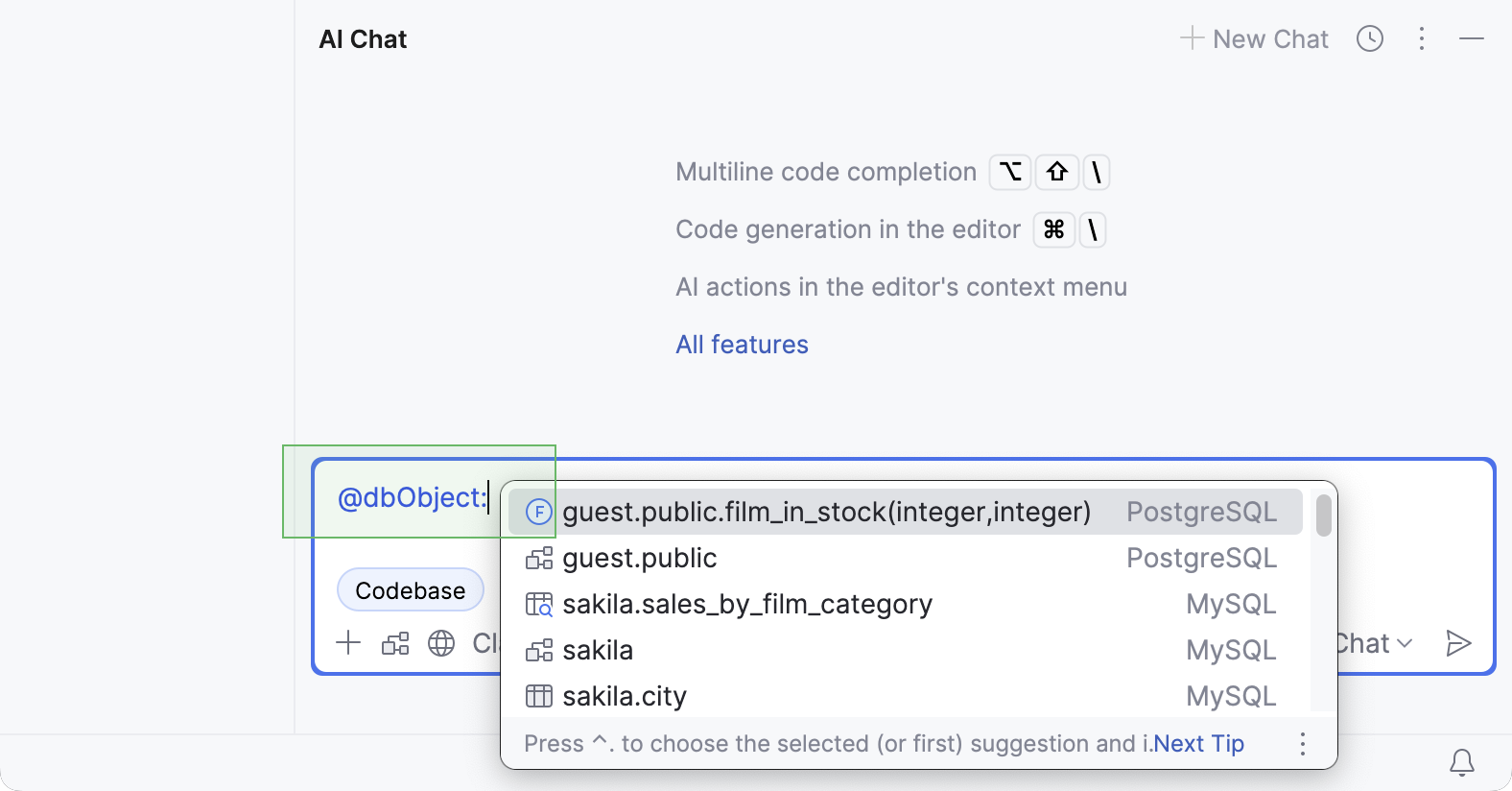 Attaching a database object to AI chat