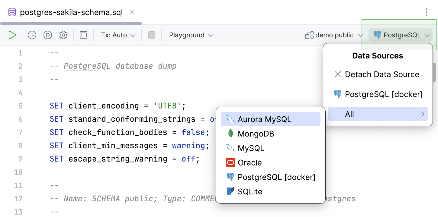 Attaching a data source to an SQL file in the editor