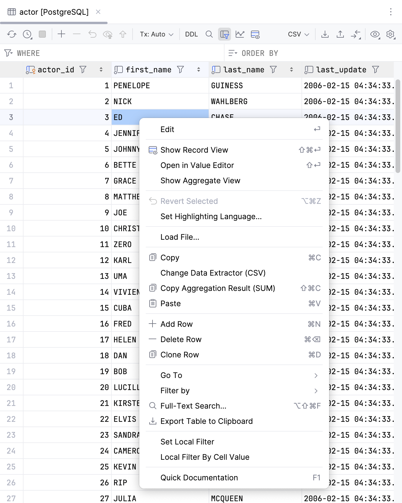 データエディターのセルのコンテキストメニュー Context menu of a cell in data editor