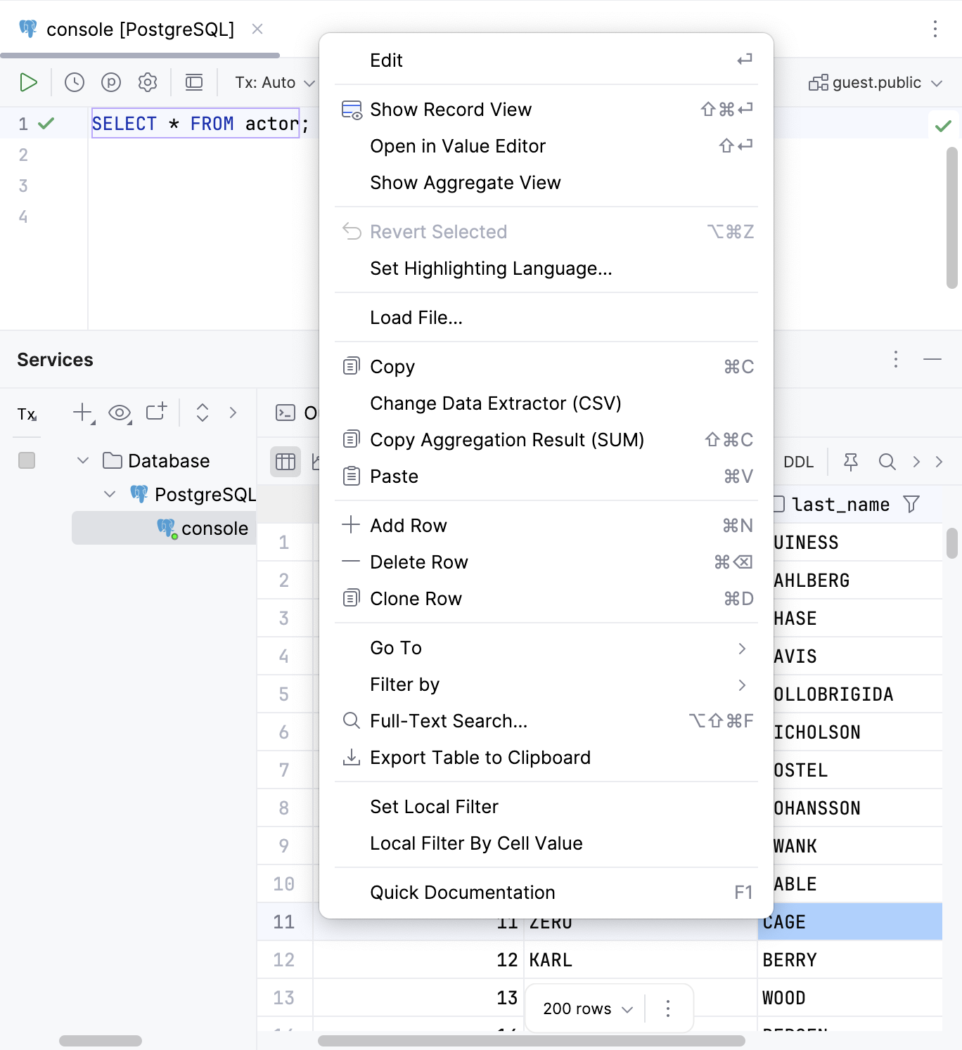 Context menu of a cell in data editor Context menu of a cell in data editor