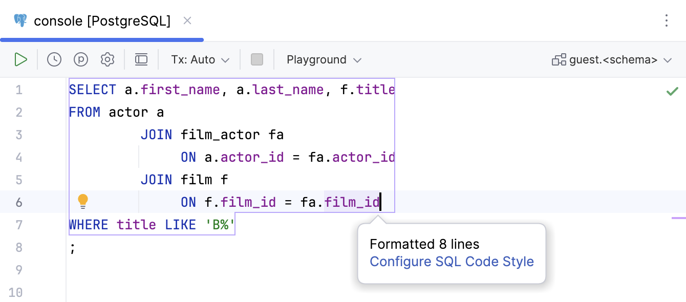 Popup message with a link to the SQL code style settings