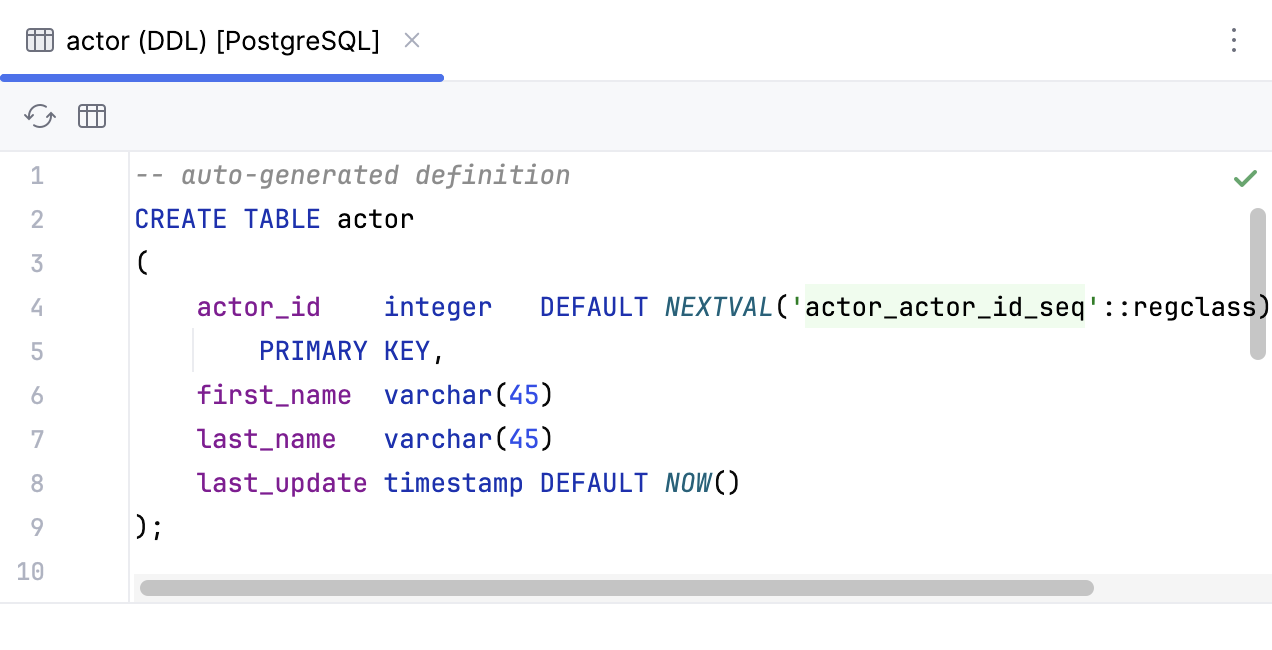 Database object definition in a code editor tab Database object definition in a code editor tab