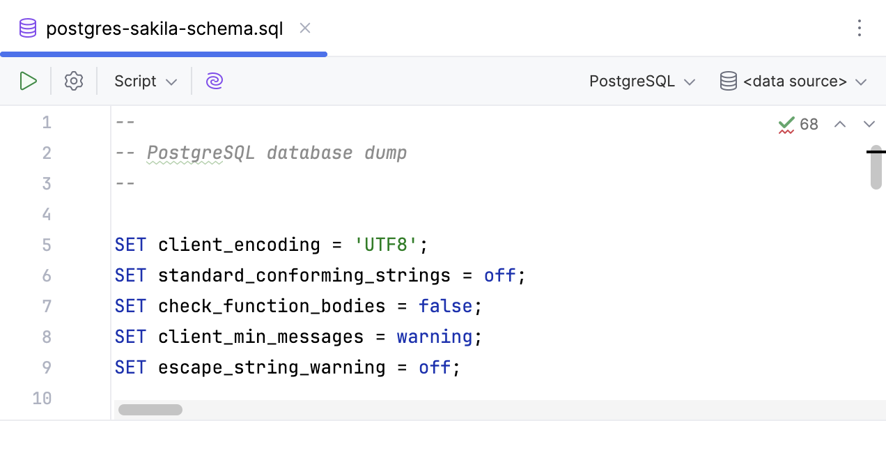 SQL file in a code editor tab SQL file in a code editor tab