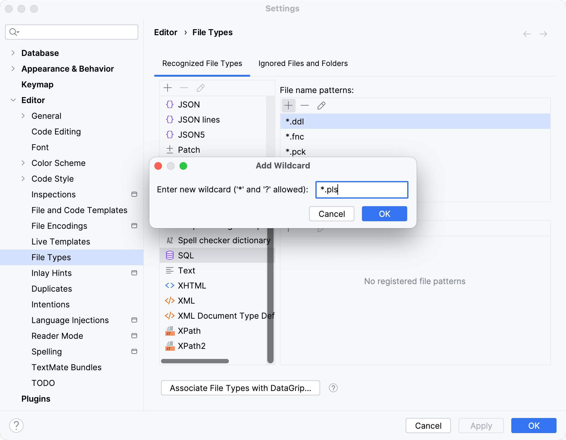 DataGrip: Change association between file type and related file name patterns