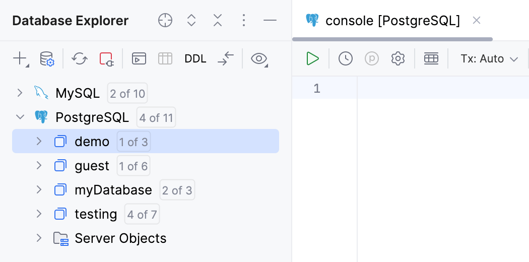 Databases in Database Explorer Databases in Database Explorer
