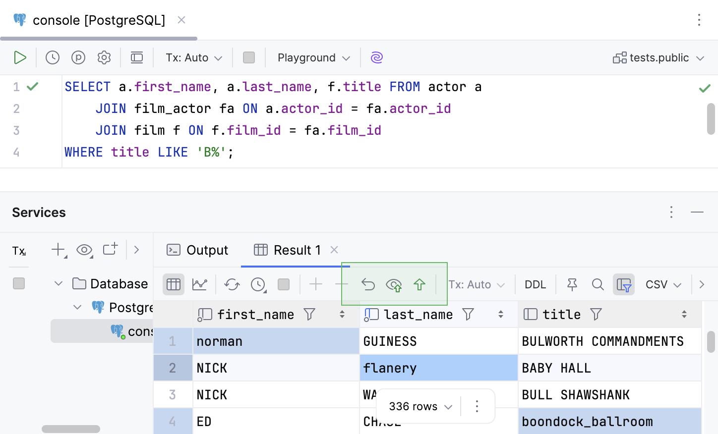 Editable table JOIN results grid in the Services tool window