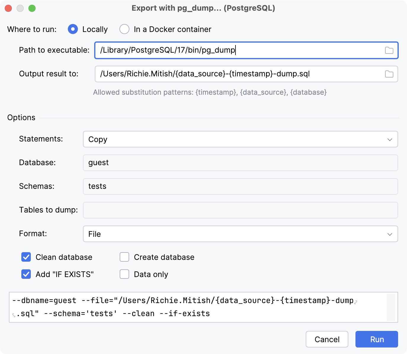 the Export with pg_dump dialog