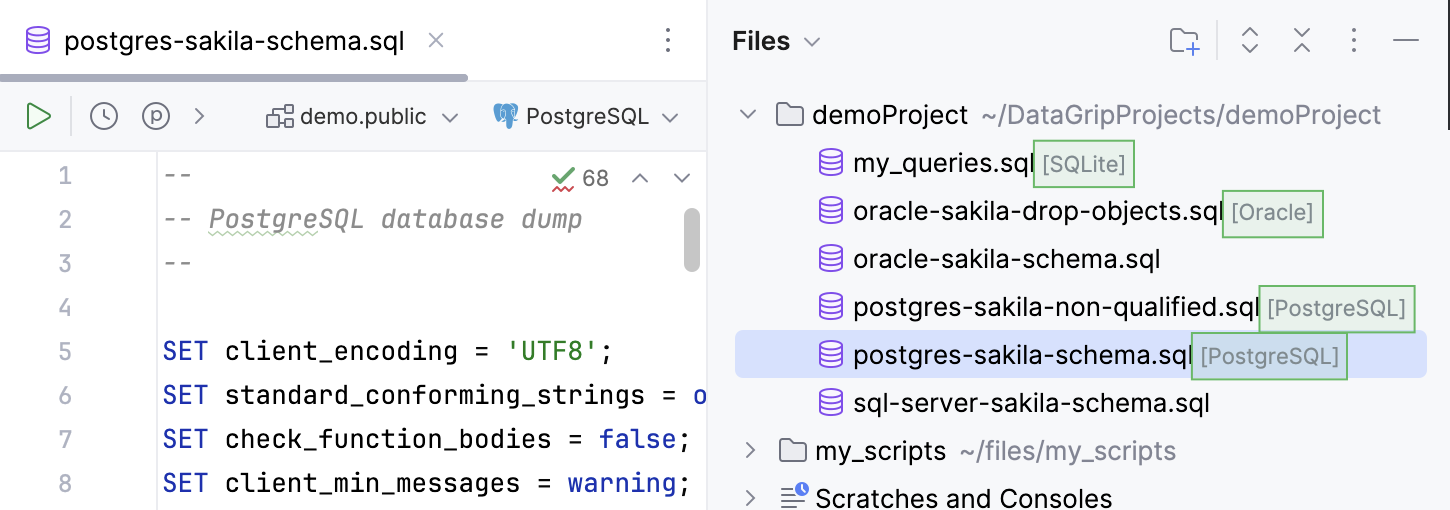 Name of the attahced data sources are displayed near the SQL fine name in the Files tool window