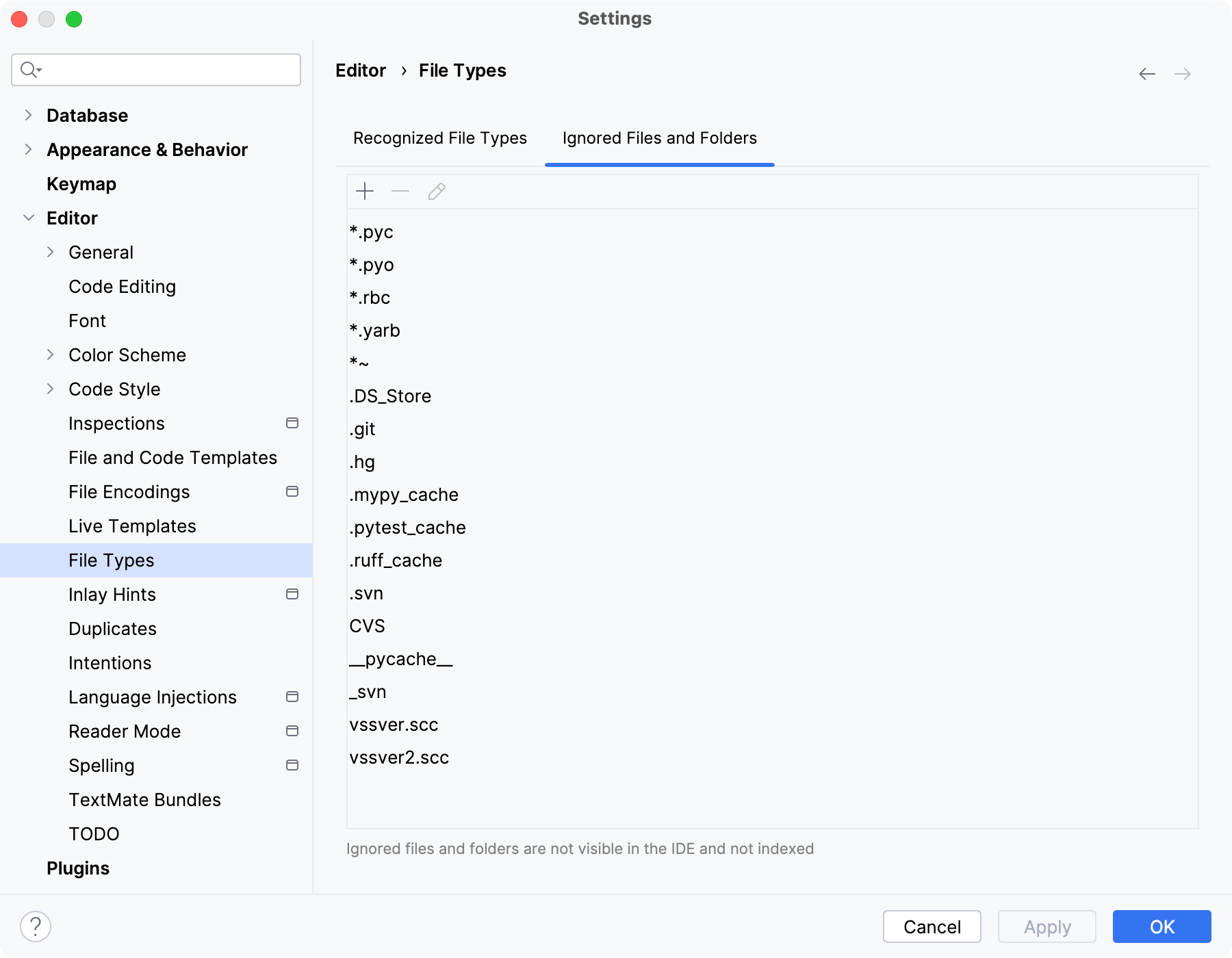 Adding files and folders to the list of ignored items