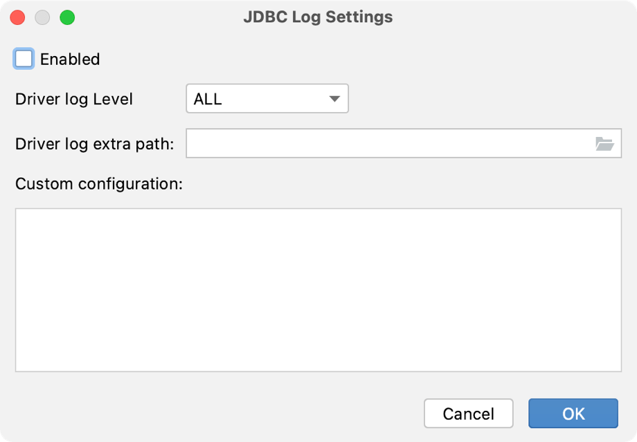 JDBC Log Settings dialog JDBC Log Settings dialog