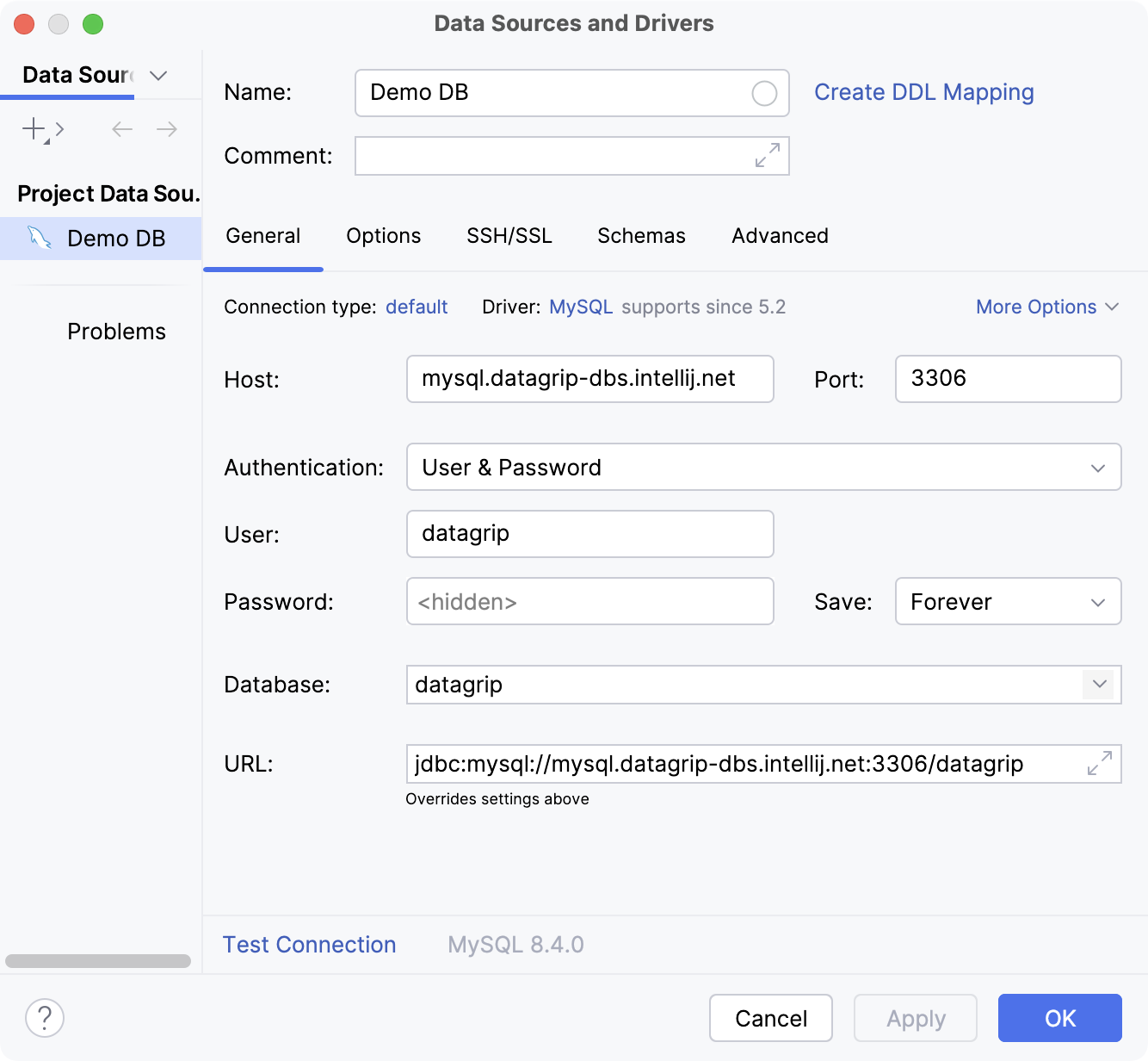 Settings of a new data source in the Data Source and Drivers dialog