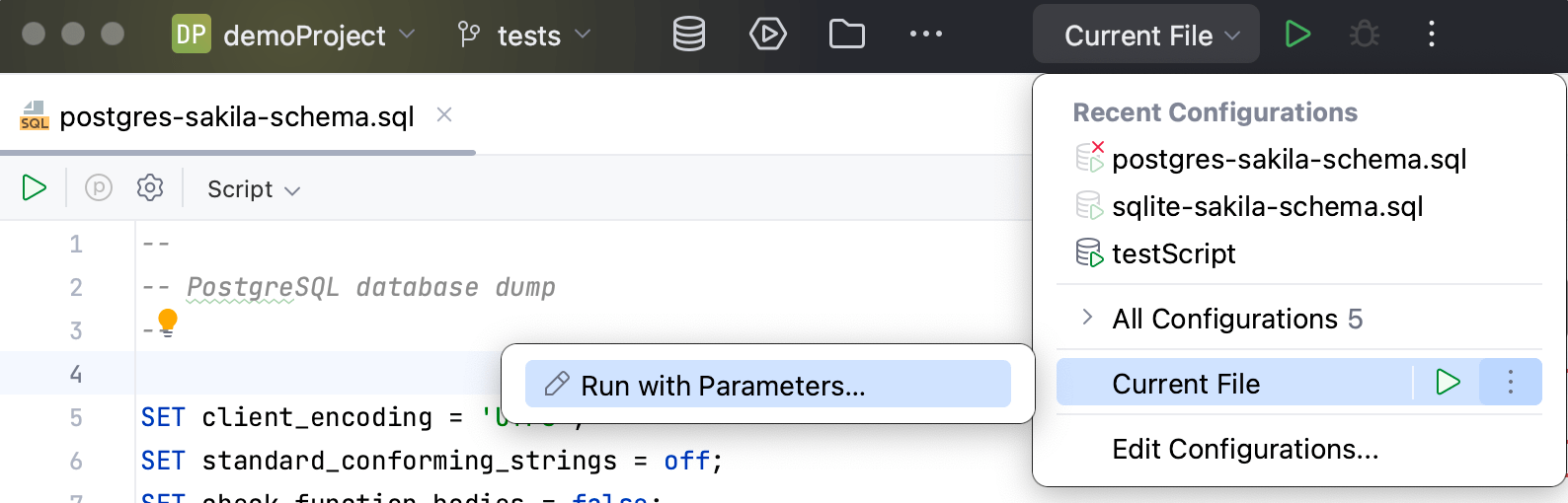 More options for running current file More options for running current file