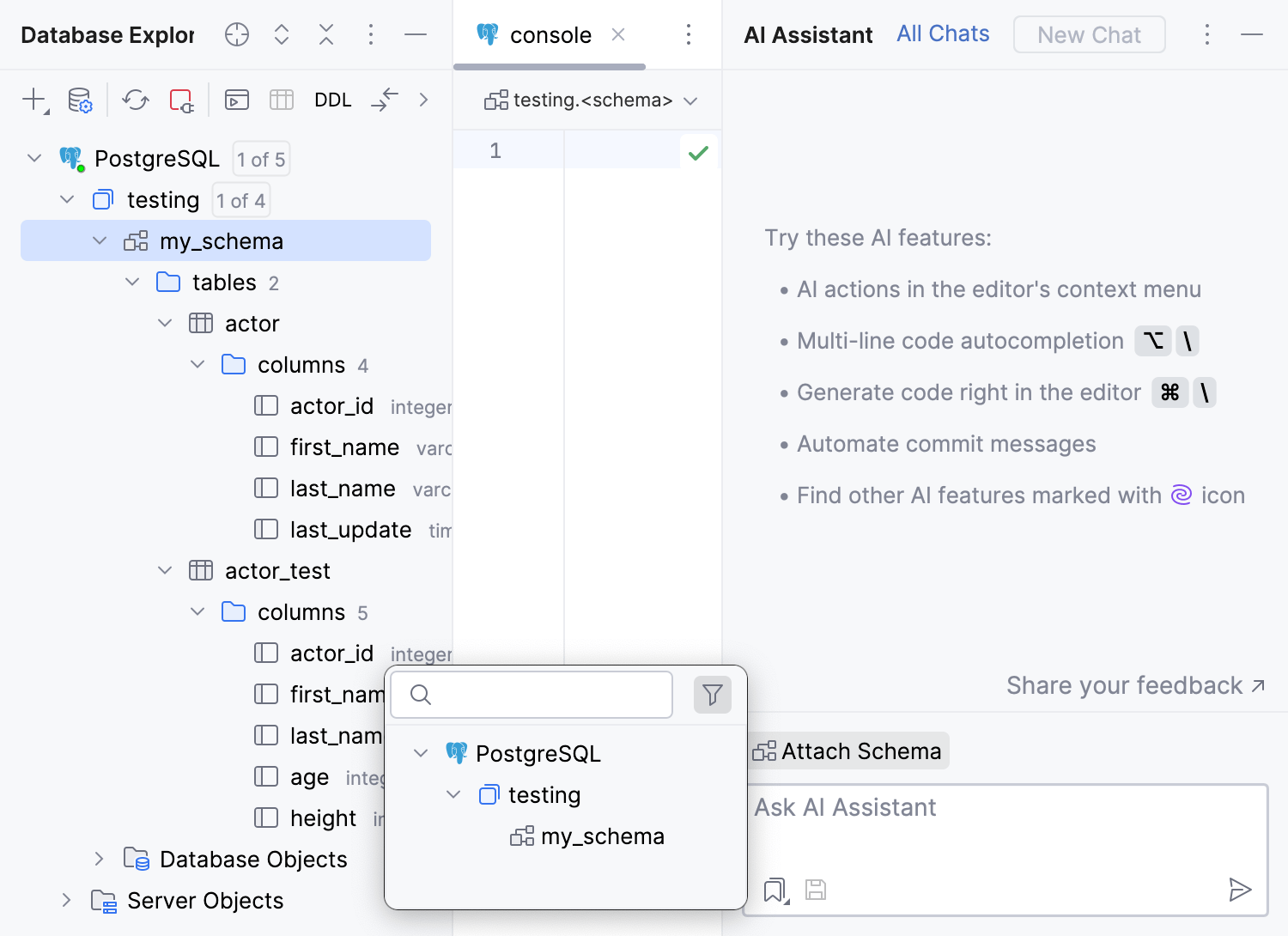 Attach the testing.public schema to AI Assistant chat Attach the testing.public schema to AI Assistant chat