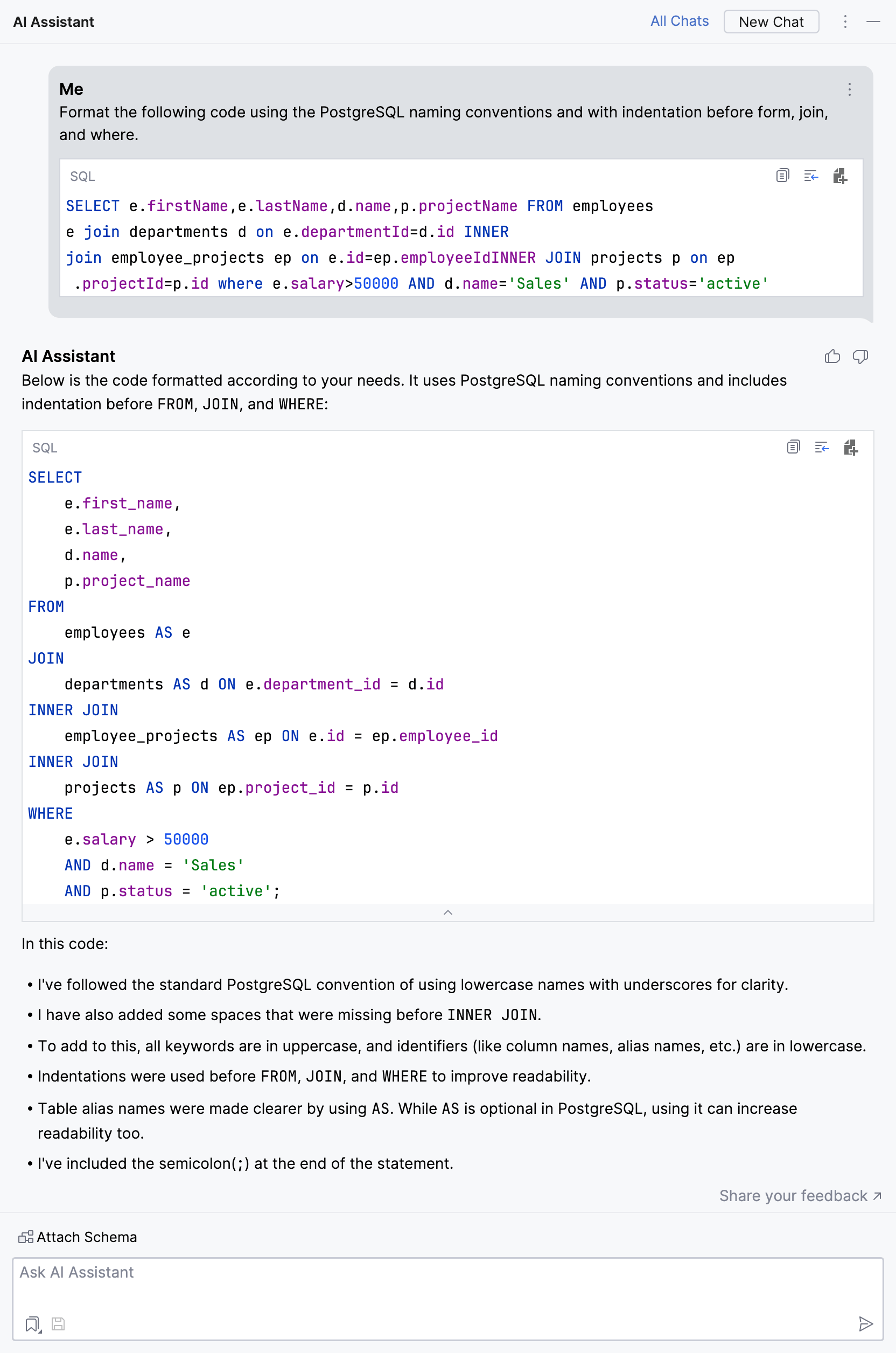 SQL code formatting using AI Assistant SQL code formatting using AI Assistant
