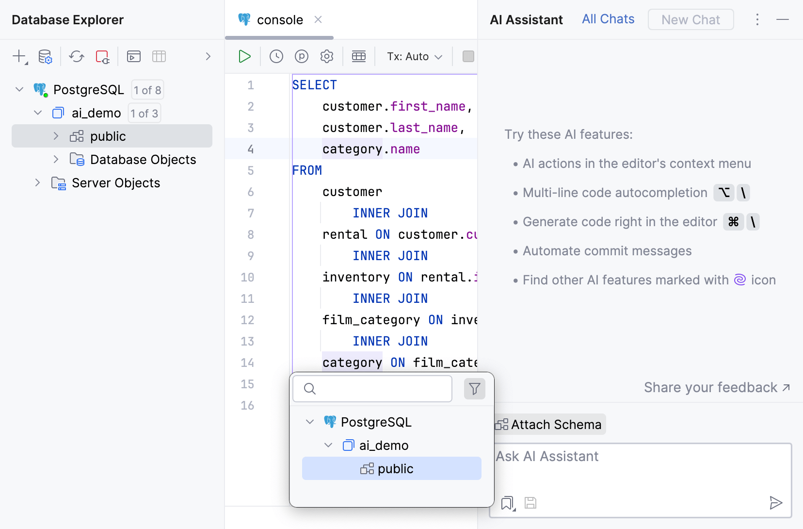 Attach the ai_demo.public schema to AI Assistant chat Attach the ai_demo.public schema to AI Assistant chat