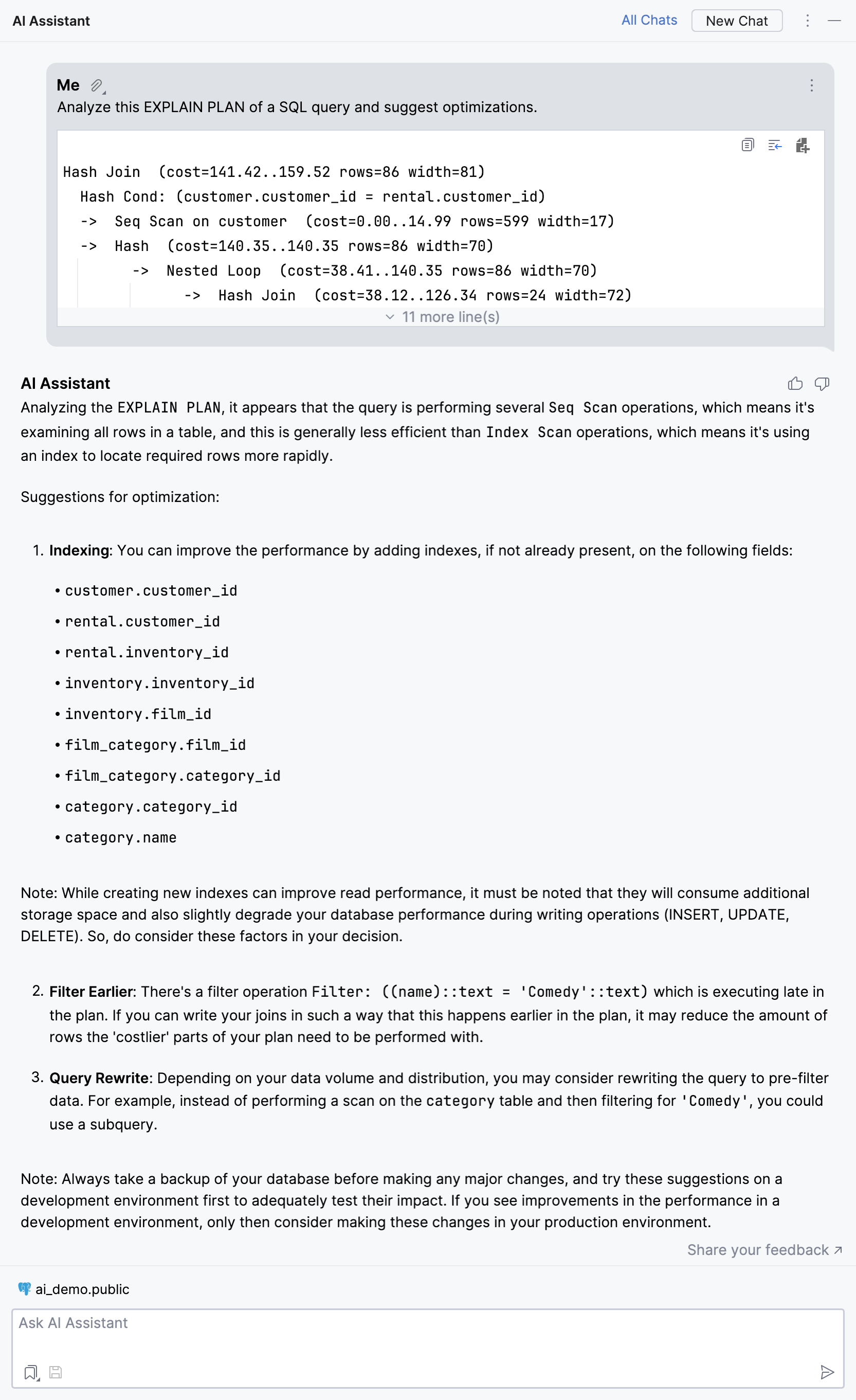 Query optimization prompt and suggestions Query optimization prompt and suggestions