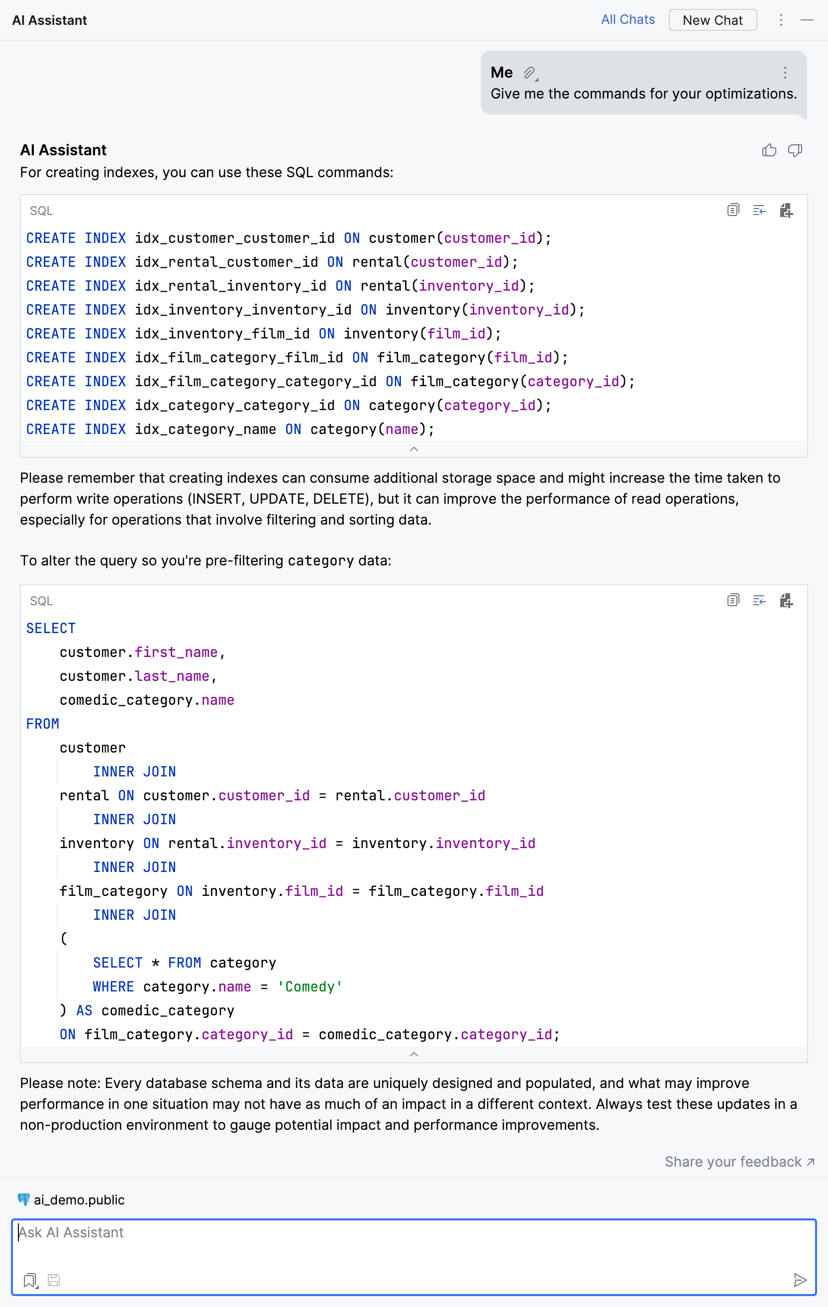 Commands for the suggested optimizations Commands for the suggested optimizations