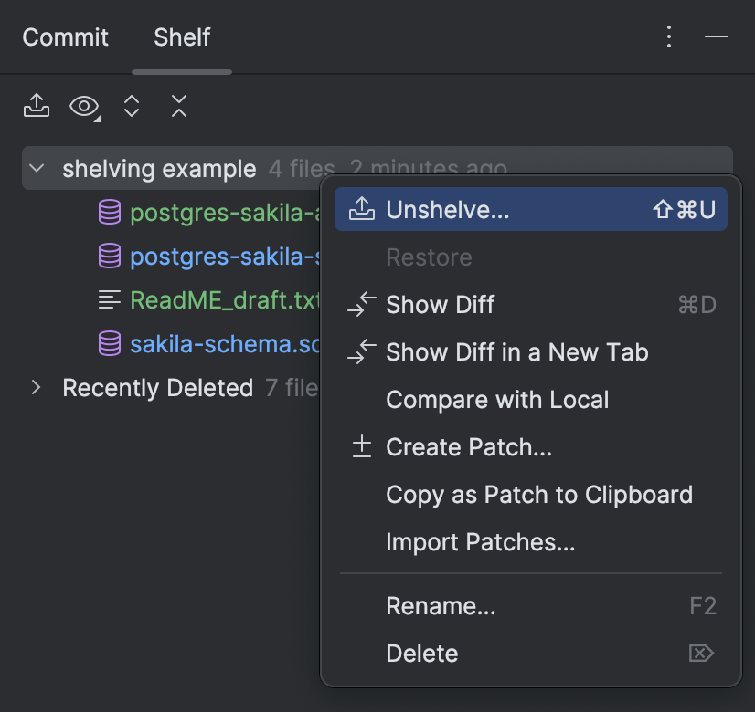 Shelve or stash changes | DataGrip Documentation
