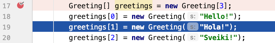 現在の実行ポイントを示す青い線 Blue line indicating the current execution point