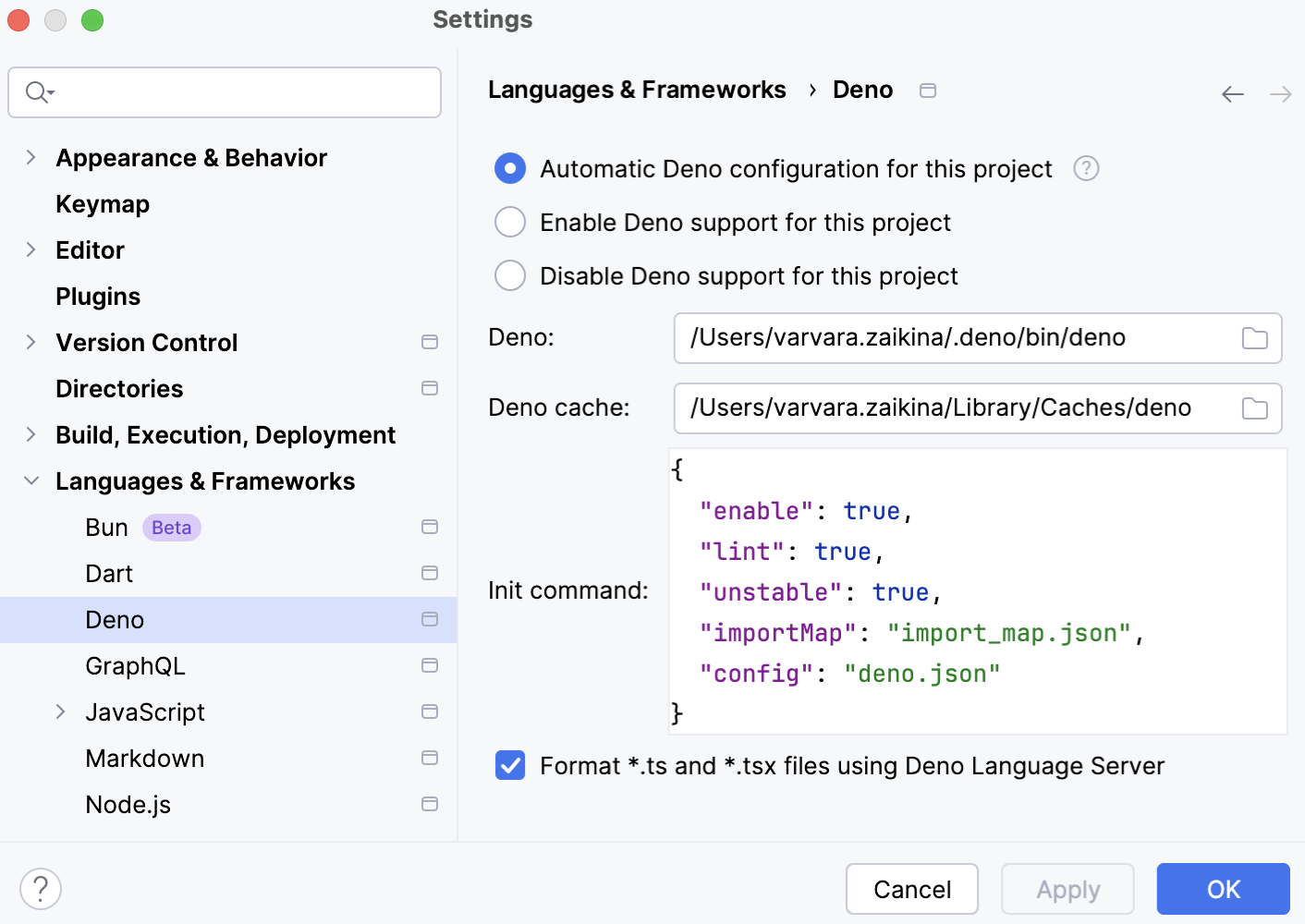 Deno configuration settings Deno configuration settings
