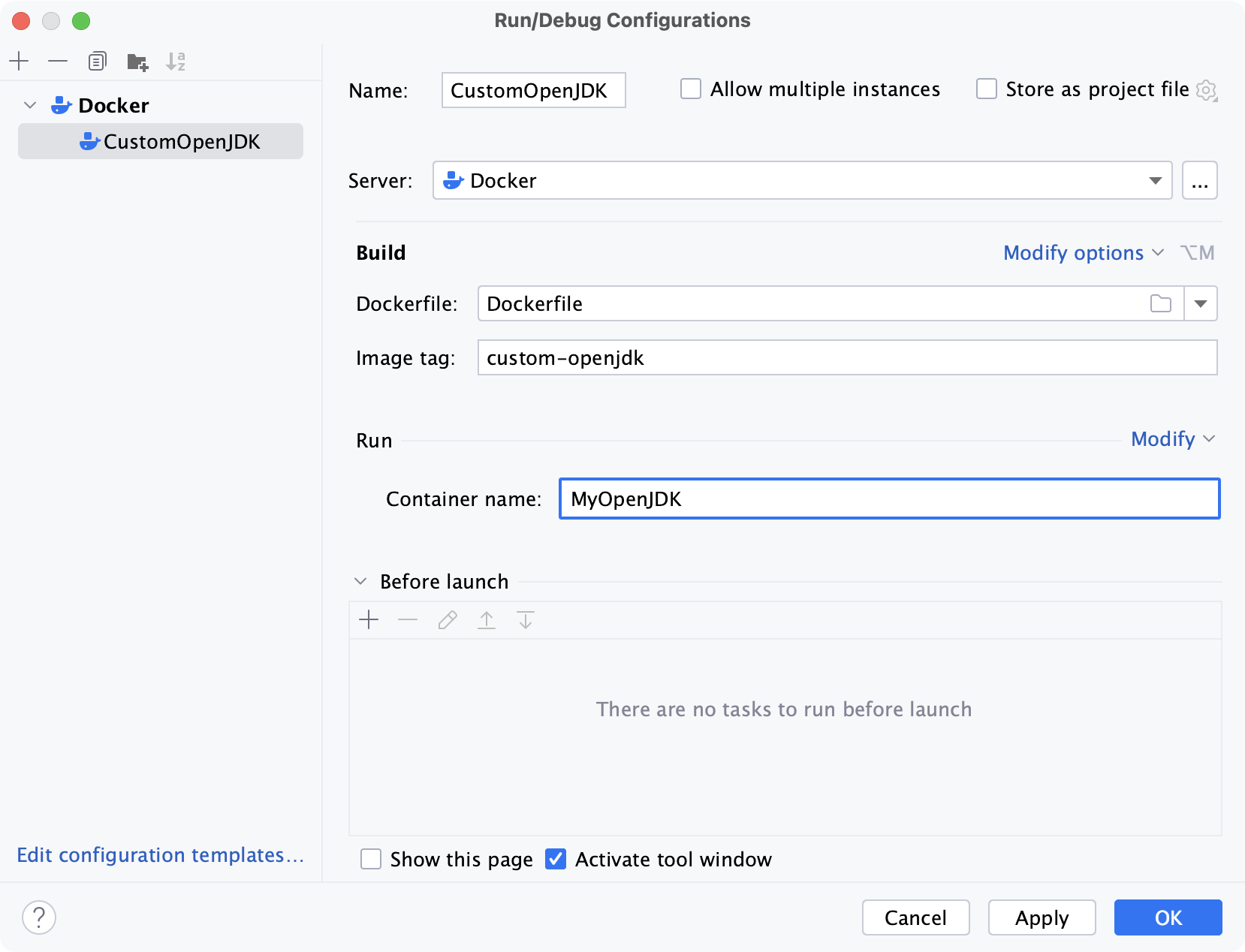 Dockerfile 実行構成ダイアログ Dockerfile run configuration dialog