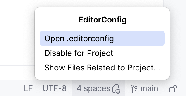 インデントウィジェットから開いた EditorConfig メニュー EditorConfig menu opened from the Indentation widget
