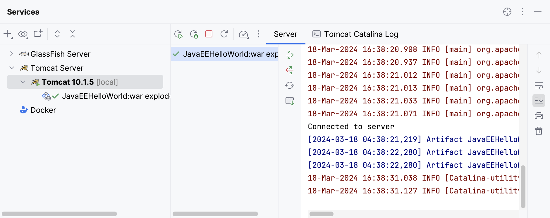 Started GlassFish server and deployed application in the Services tool window Started GlassFish server and deployed application in the Services tool window