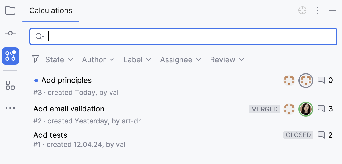 A blue dot on the pull requests tool window icon A blue dot on the pull requests tool window icon
