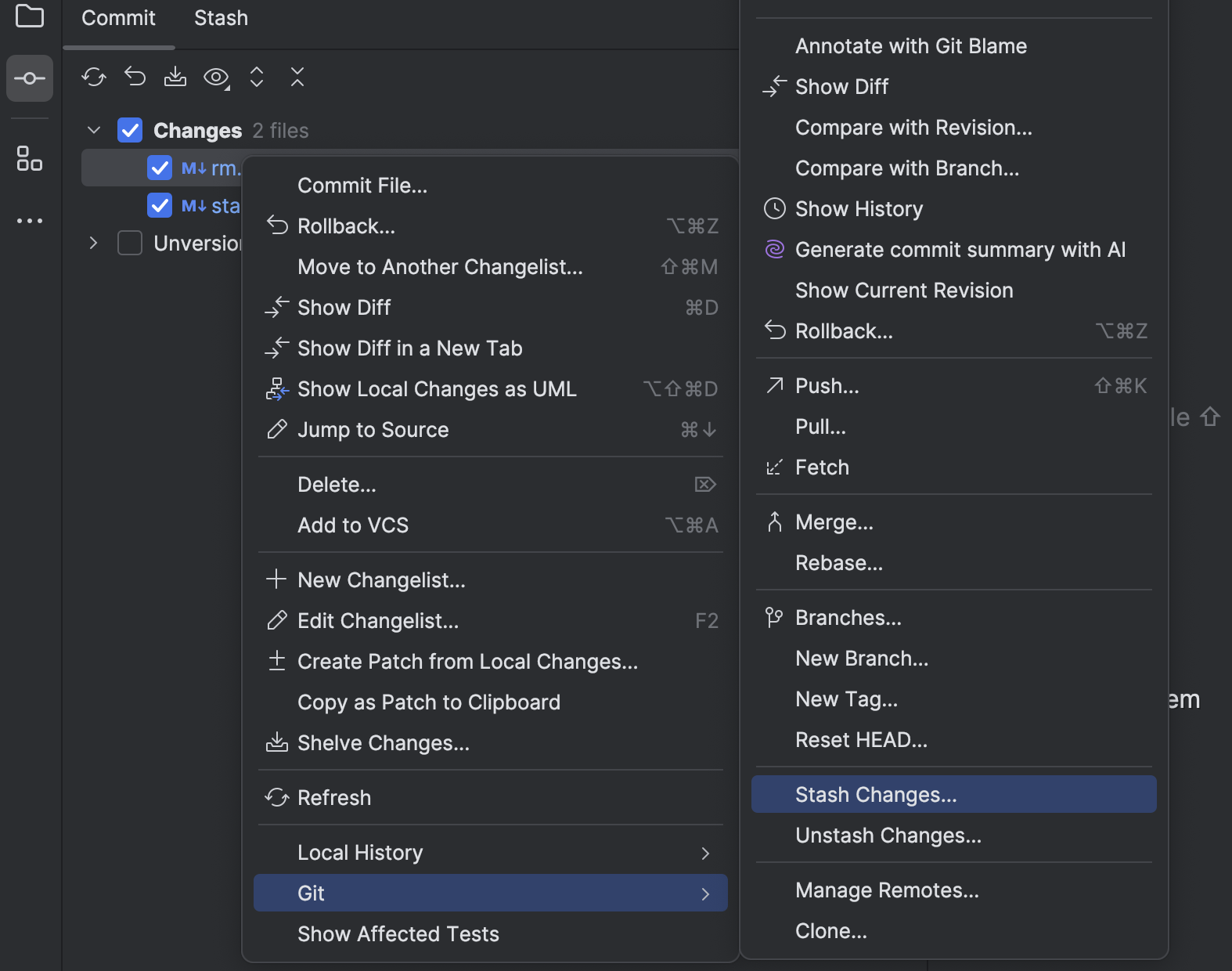 Shelve or stash changes | PyCharm Documentation