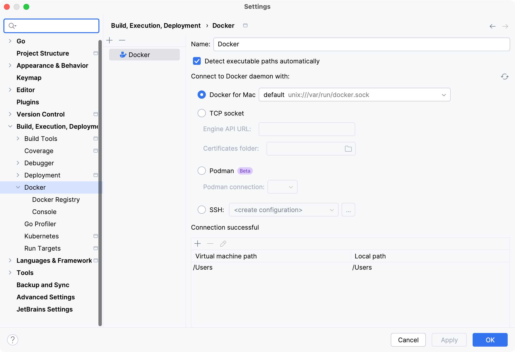 The Docker connection settings