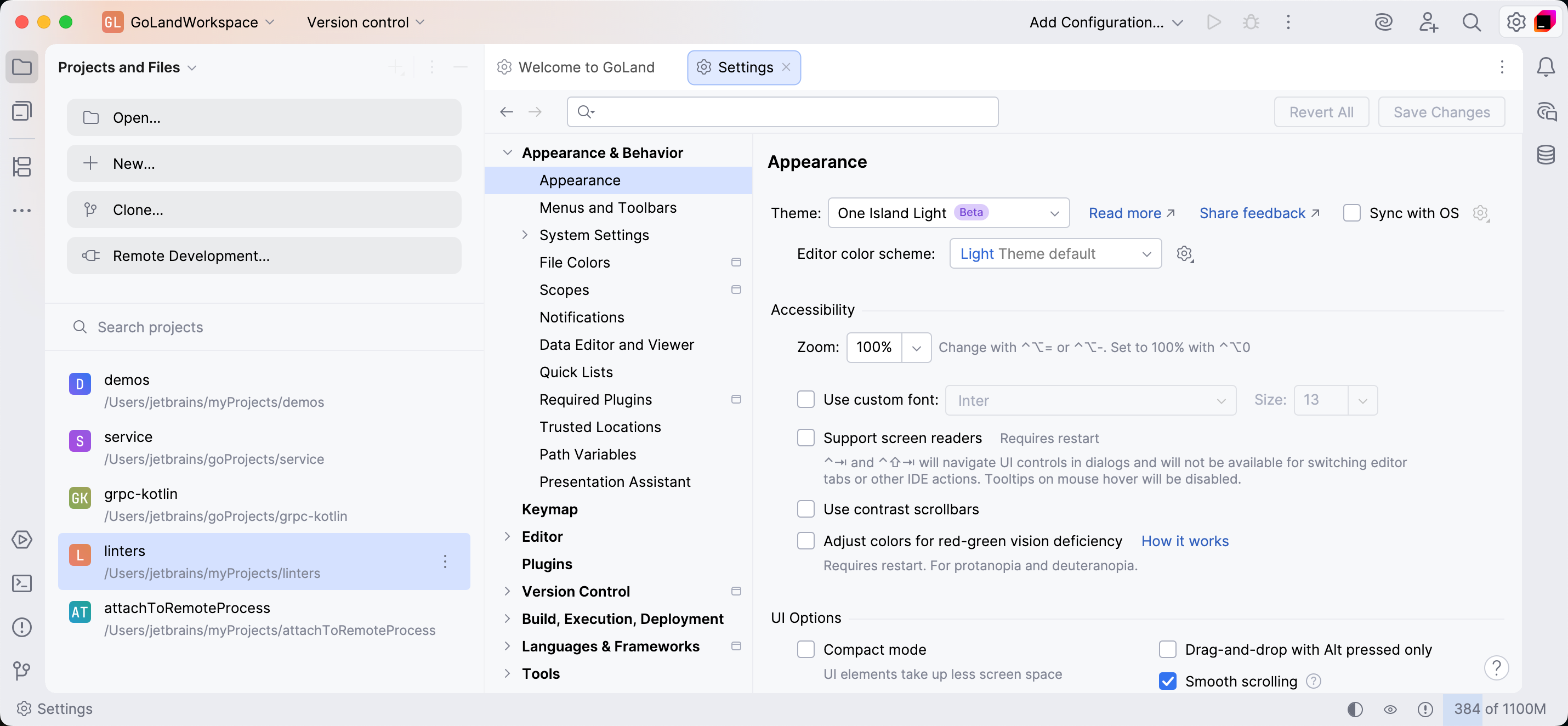 Configuring GoLand in the settings Configuring GoLand in the settings
