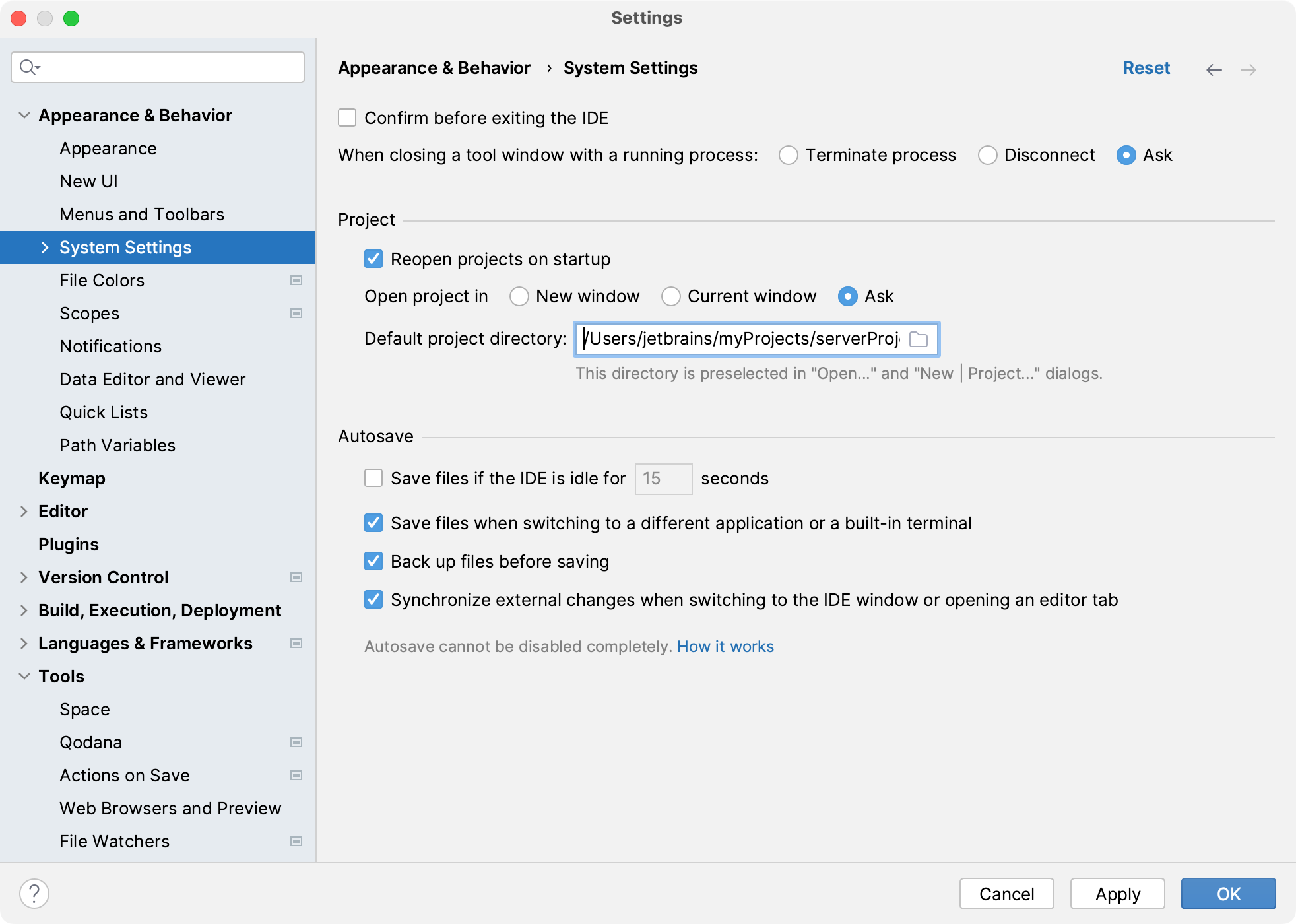 Changing the default location for projects Changing the default location for projects