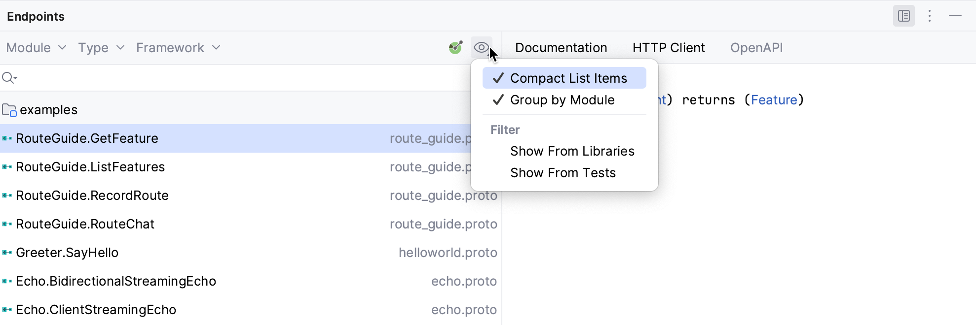 Options of the Endpoints tool window Options of the Endpoints tool window